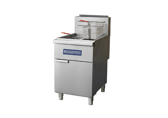 Manotick MT-F4-SPTK Natural Gas 72-78 lb. Split Pot Floor Fryer - 120,000 BTU | White Stone