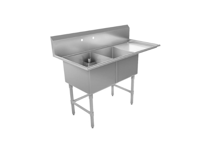 24” x 24” x 14” Two Tub Sink with Corner Drain and "U" shape leg bracing, 24'' Right Drain Board | White Stone