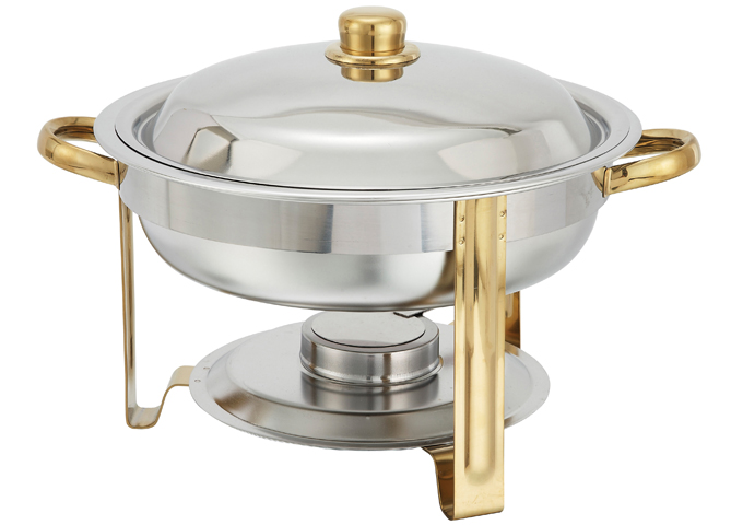 Malibu 4 Quart Round Chafer, Stainless Steel, Gold Accent | White Stone