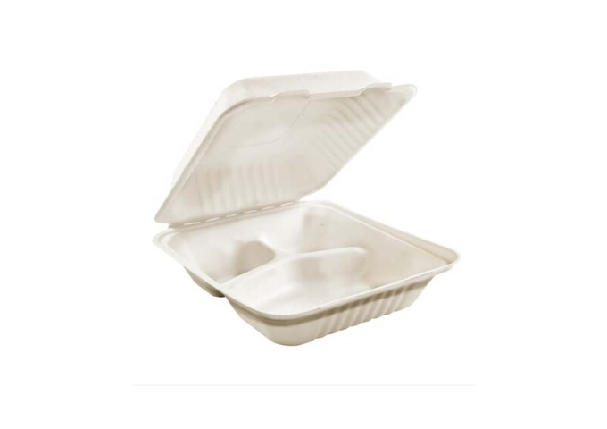Compostable Clamshell Containers - 8" x 8" x 3 - Bagasse - 3 Compartment - 200/Case | White Stone