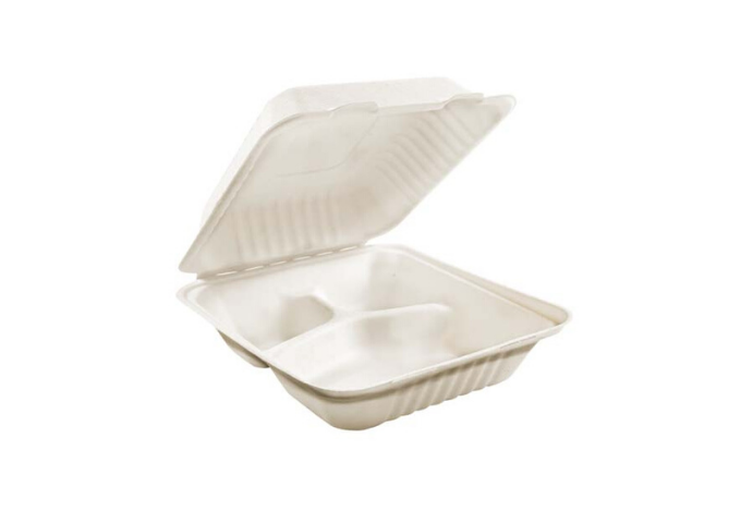 Compostable Clamshell Containers - 9" x 9" x 3" - Bagasse - 3 Compartment - 200/Case | White Stone