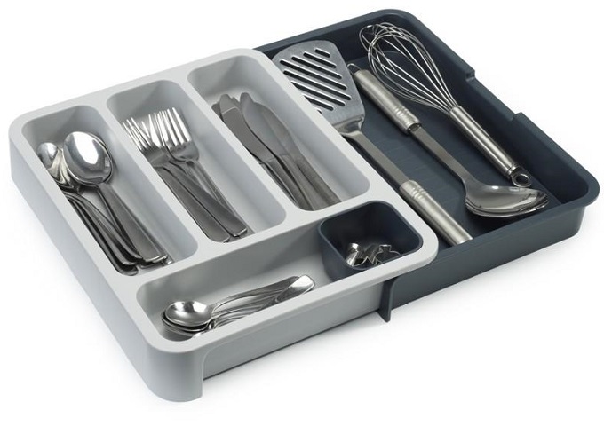 DrawerStore™ Expandable Cutlery Tray, Grey/Black | White Stone