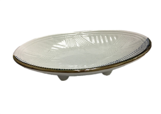 11'' x 7-1/2'' Ceramic Oval Plate With Four Feet, Blue Rain | White Stone