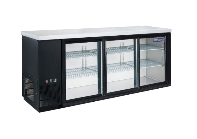 Manotick MT-DBB72H 3-Door Back Bar Cooler, Hinged Doors | White Stone